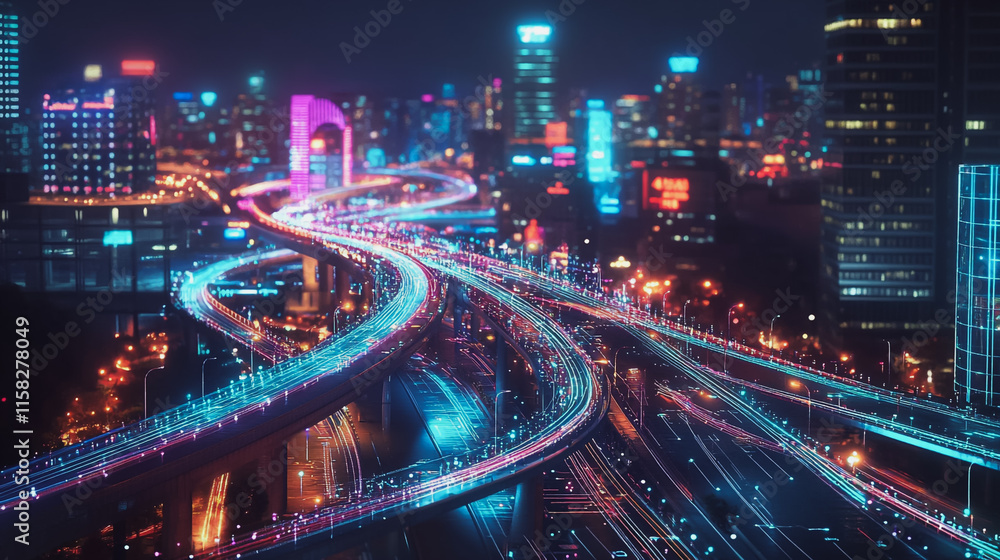 Obraz premium Smart Innovation city with connection cyber security network reciprocity over the night cityscape future wireless digital city and social media networking systems that connects people in the city