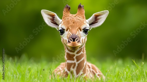 Cute Baby Giraffe with Big Eyes Surrounded by Green Grass