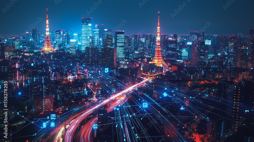 Smart Innovation city with connection cyber security network reciprocity over the night cityscape future wireless digital city and social media networking systems that connects people in the city Smart Innovation city with connection cyber security network reciprocity over the night cityscape future wireless digital city and social media networking systems that connects people in the city