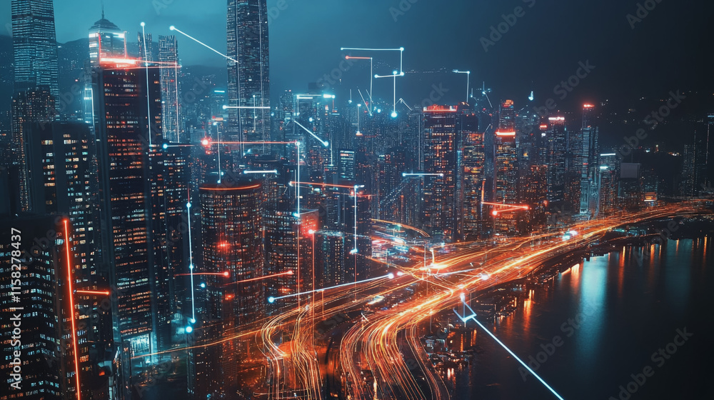 Smart Innovation city with connection cyber security network reciprocity over the night cityscape future wireless digital city and social media networking systems that connects people in the city Smart Innovation city with connection cyber security network reciprocity over the night cityscape future wireless digital city and social media networking systems that connects people in the city