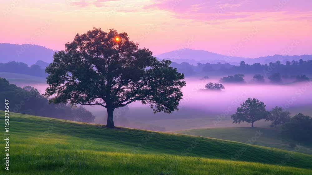 Solitary tree on a misty hill at sunrise, scenic landscape with rolling hills and vibrant sky. Solitary tree on a misty hill at sunrise, scenic landscape with rolling hills and vibrant sky.