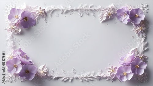 graphic design border white background, providing ample copy space. with purple flowers and flakes