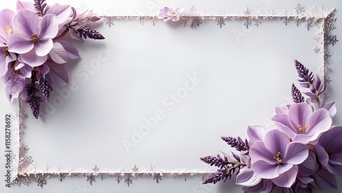 graphic design border white background, providing ample copy space. with purple flowers and flakes