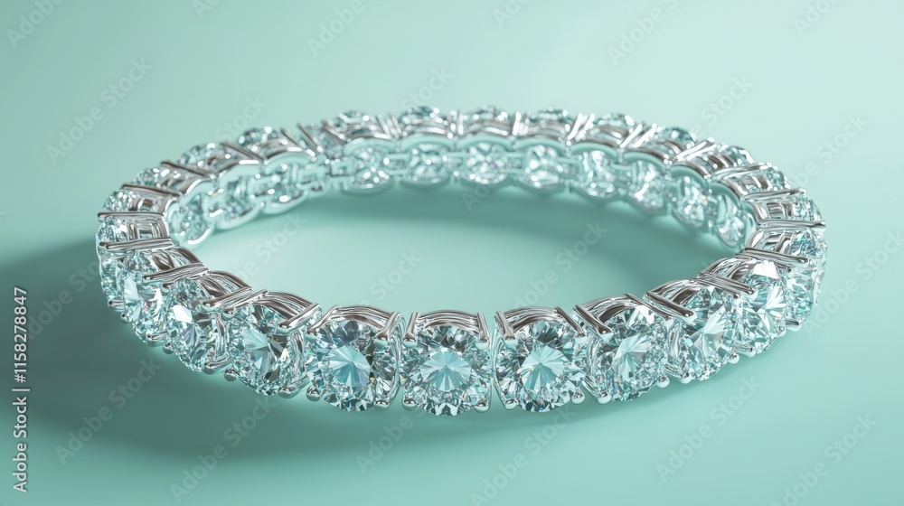 Elegant Silver Diamond Bracelet on Soft Turquoise Background Elegant Silver Diamond Bracelet on Soft Turquoise Background