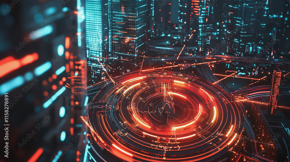 Obraz premium Smart Innovation city with connection cyber security network reciprocity over the night cityscape future wireless digital city and social media networking systems that connects people in the city