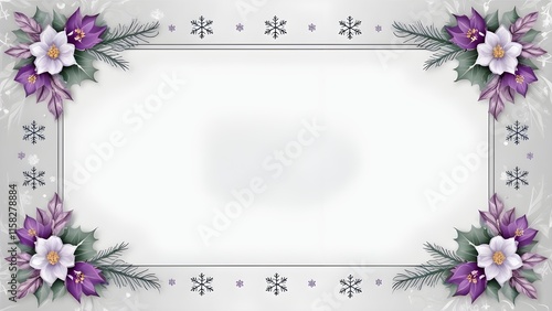 graphic design border white background, providing ample copy space. with purple flowers and flakes