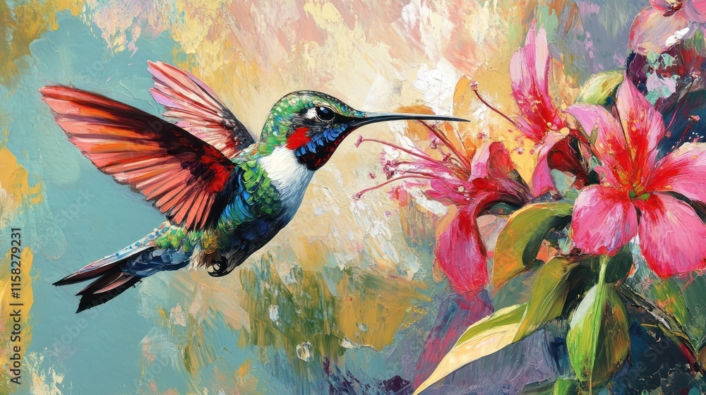 Vibrant Hummingbird in Flight, Impasto Painting Vibrant Hummingbird in Flight, Impasto Painting