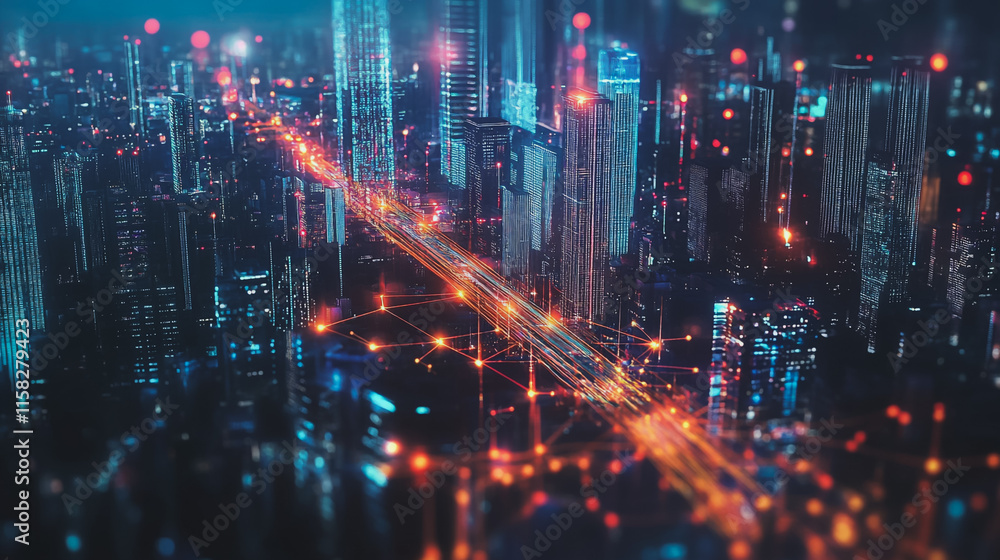 Smart Innovation city with connection cyber security network reciprocity over the night cityscape future wireless digital city and social media networking systems that connects people in the city Smart Innovation city with connection cyber security network reciprocity over the night cityscape future wireless digital city and social media networking systems that connects people in the city