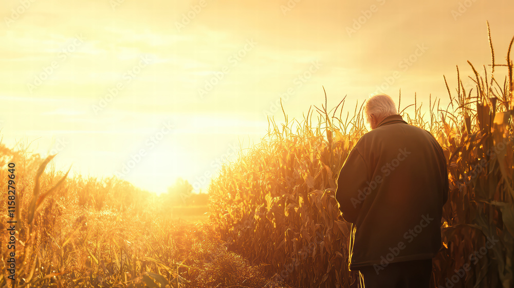 Fototapeta premium Elderly farmer in corn field at sunset, reflecting on harvest. warm glow of sun creates serene atmosphere, highlighting beauty of rural life