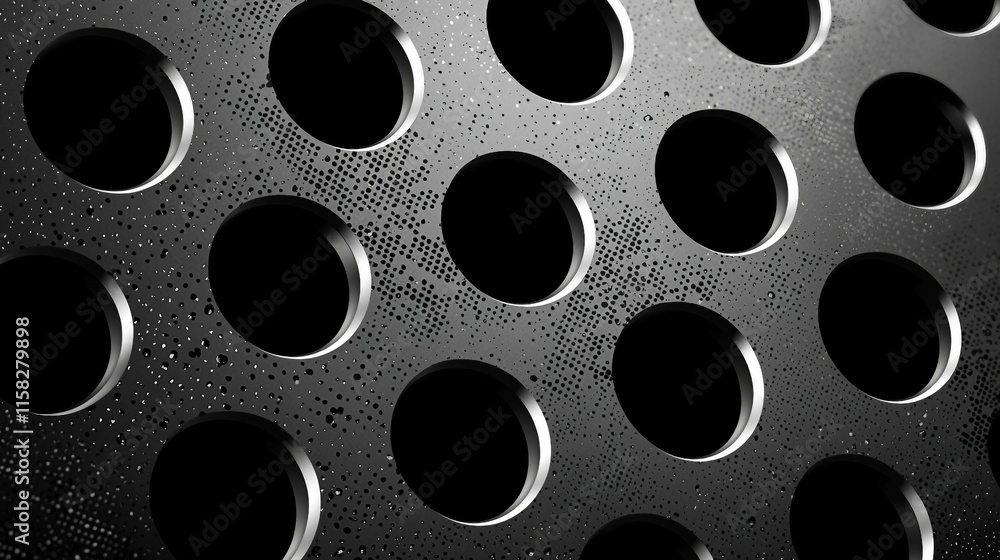 Abstract close-up of wet metallic surface with circular holes Abstract close-up of wet metallic surface with circular holes