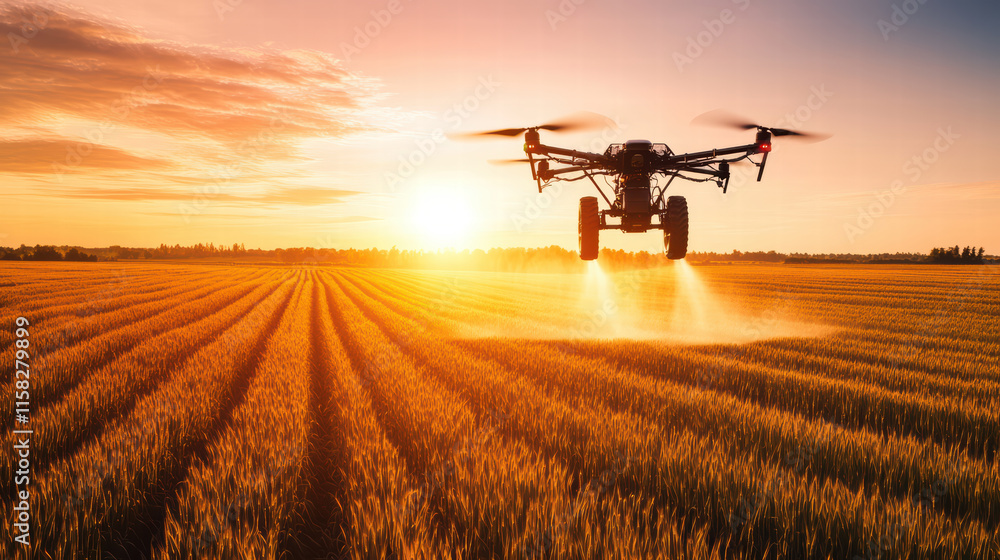drone captures tractor spraying crops at sunset over golden fields, showcasing modern agriculture technology in action drone captures tractor spraying crops at sunset over golden fields, showcasing modern agriculture technology in action
