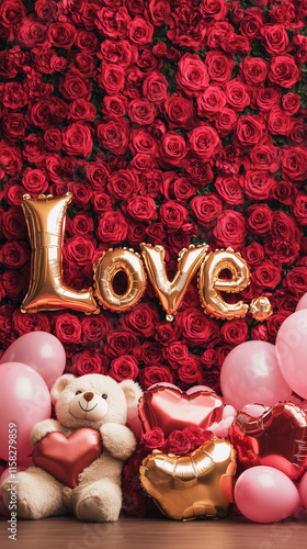 Romantic Valentine's Day Scene with Teddy Bear, Heart Balloons, and 