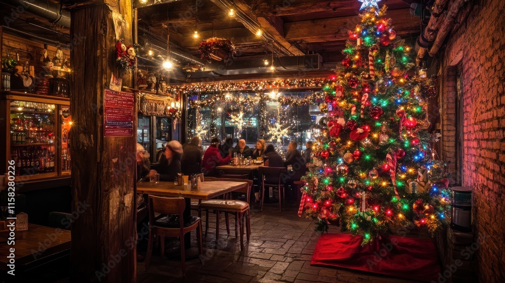 A bar with a Christmas tree in the background. There are several chairs and tables in the room A bar with a Christmas tree in the background. There are several chairs and tables in the room