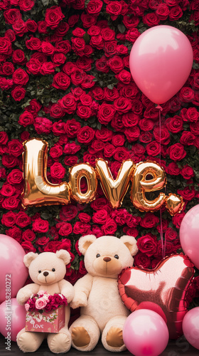 Romantic Valentine's Day Scene with Teddy Bear Couple, Heart Balloons, and 