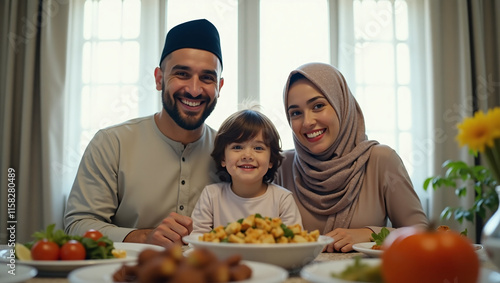 Family portrait joyfully looking at the camera together in the dining room during iftar in the holy month of Ramadan : Generative AI