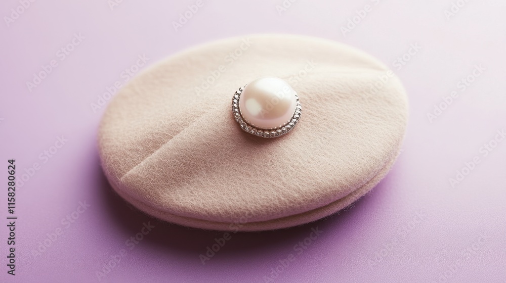 Elegant Pink Beret with Pearl Brooch on Soft Purple Background Elegant Pink Beret with Pearl Brooch on Soft Purple Background
