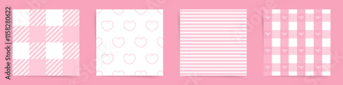 Elegant Pink Stripes and Hearts Seamless Patterns with Gingham and Bow Accents
