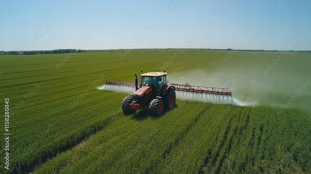 Obraz premium drone shot captures tractor spraying vibrant green wheat fields under clear blue sky, showcasing modern agricultural practices and beauty of rural landscapes