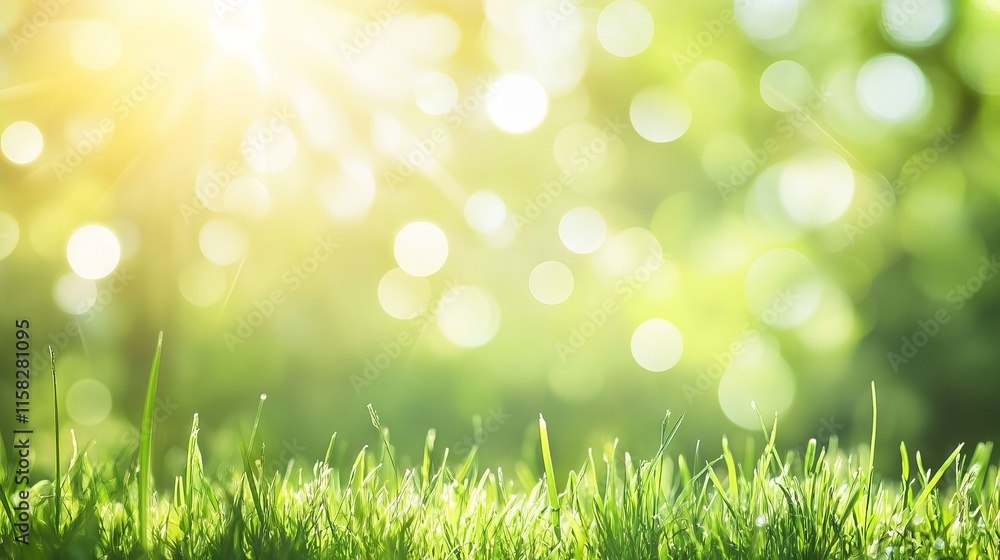 Bright sunny day with lush natural green grass field, soft blurred bokeh background, and radiant sunlight illuminating a peaceful outdoor landscape