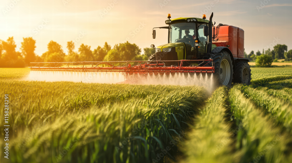 Fototapeta premium tractor sprays crops in vibrant wheat field during sunset, showcasing agricultural activity and modern farming techniques. lush greenery and warm light create serene atmosphere