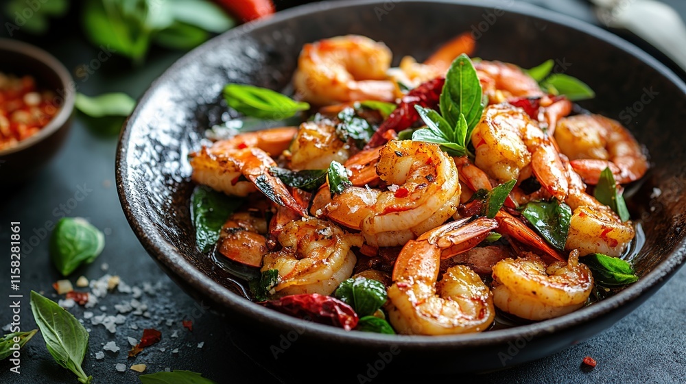 Close-up of a delicious dish of saut?ed shrimp with basil and chili. Close-up of a delicious dish of saut?ed shrimp with basil and chili.