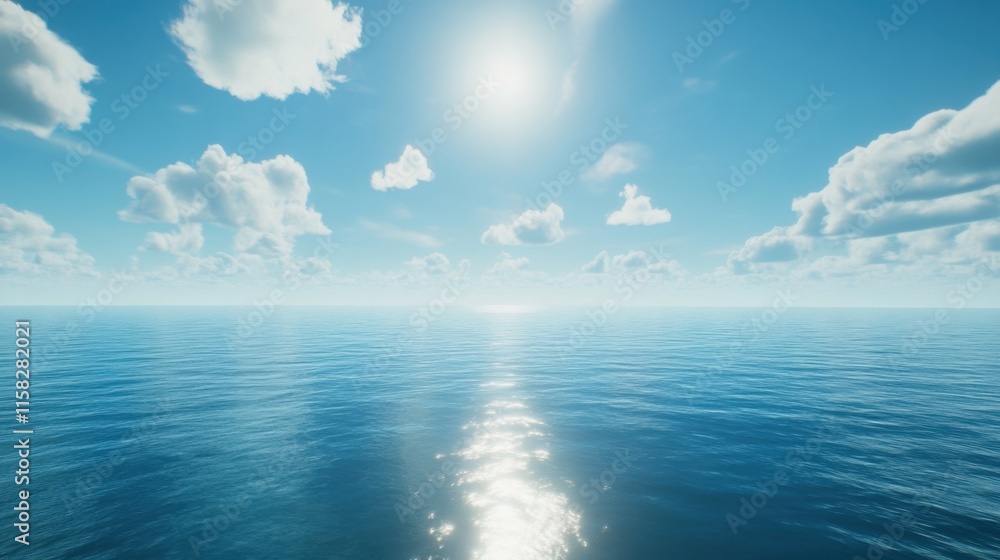 Obraz premium Tranquil Ocean View Under Bright Sunny Sky with Fluffy Clouds