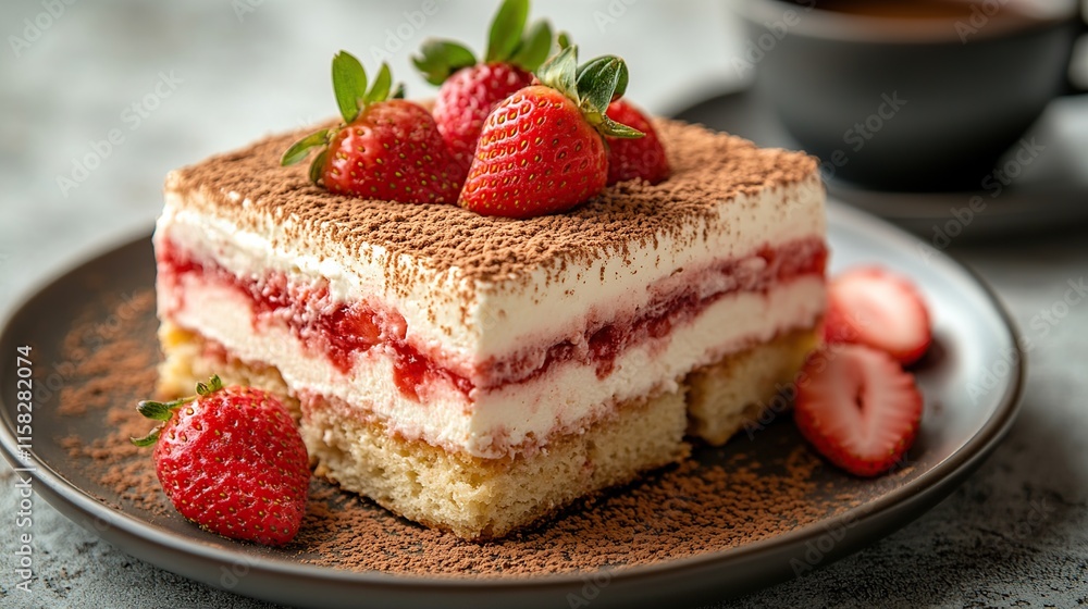 Delicious strawberry tiramisu dessert on a plate with fresh strawberries and cocoa powder, served with coffee. Delicious strawberry tiramisu dessert on a plate with fresh strawberries and cocoa powder, served with coffee.