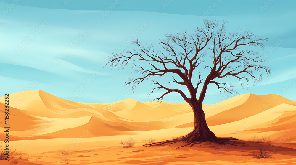 A lonely barren tree in the middle of a windswept desert, with sand dunes rising around it. Windswept. Illustration A lonely barren tree in the middle of a windswept desert, with sand dunes rising around it. Windswept. Illustration