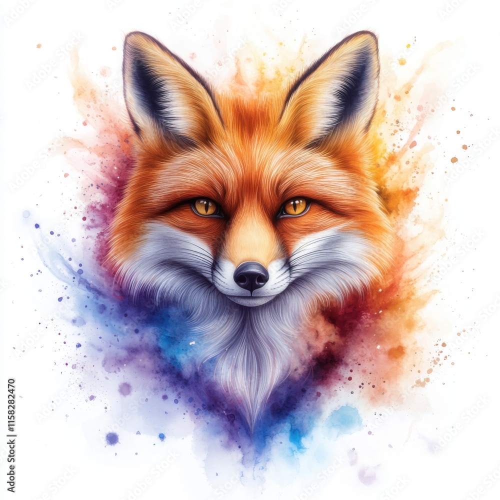 Obraz premium Vibrant watercolor fox artwork close-up perspective artistic expression colorful environment nature-inspired concept
