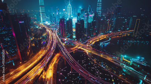 Smart Innovation city with connection cyber security network reciprocity over the night cityscape future wireless digital city and social media networking systems that connects people in the city