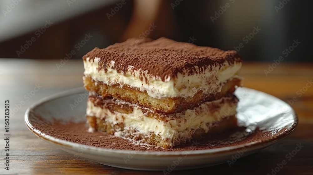 Delicious double-layered tiramisu dessert on a plate. Delicious double-layered tiramisu dessert on a plate.