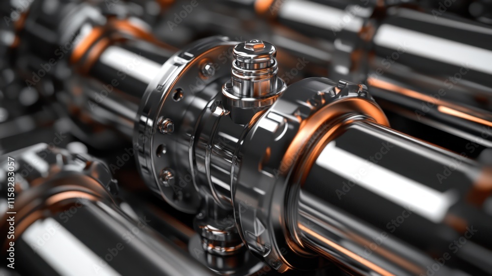 Close-Up View of Metallic Pipes and Valves with Shiny Finish Close-Up View of Metallic Pipes and Valves with Shiny Finish