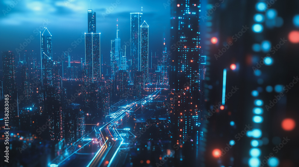 Smart Innovation city with connection cyber security network reciprocity over the night cityscape future wireless digital city and social media networking systems that connects people in the city Smart Innovation city with connection cyber security network reciprocity over the night cityscape future wireless digital city and social media networking systems that connects people in the city