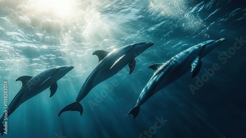 Four dolphins swimming in the ocean photo