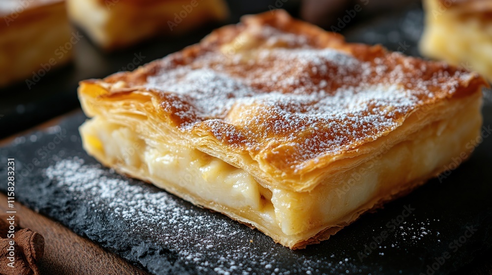 Close-up of a delicious custard square pastry dusted with powdered sugar, on a dark slate surface. Close-up of a delicious custard square pastry dusted with powdered sugar, on a dark slate surface.