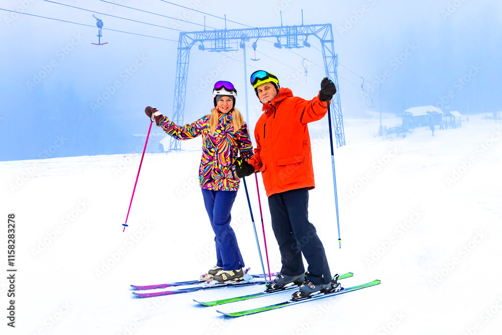 Two joyful skiers are enjoying a beautiful snowy day on the slopes, ready for an exciting adventure