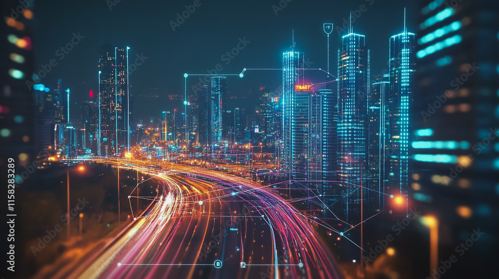 Smart Innovation city with connection cyber security network reciprocity over the night cityscape future wireless digital city and social media networking systems that connects people in the city Smart Innovation city with connection cyber security network reciprocity over the night cityscape future wireless digital city and social media networking systems that connects people in the city