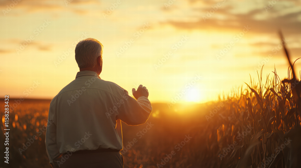 Fototapeta premium senior farmer stands in corn field at sunset, reflecting on day work. warm glow of sun casts serene atmosphere, highlighting beauty of nature