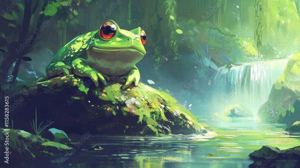 Vibrant Frog Hopping Through a Misty Jungle Scene