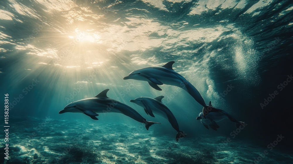 Obraz premium Four dolphins swimming in the ocean