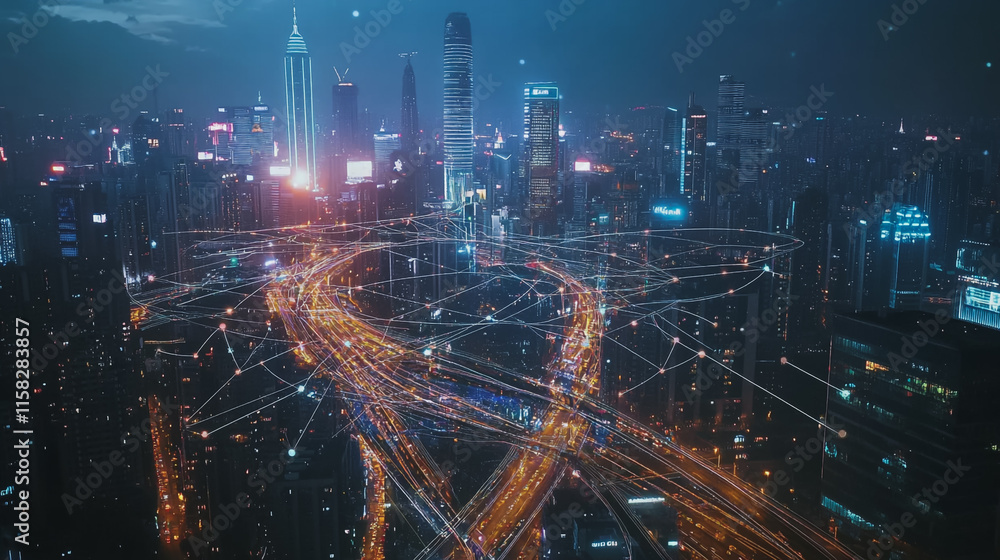 Smart Innovation city with connection cyber security network reciprocity over the night cityscape future wireless digital city and social media networking systems that connects people in the city Smart Innovation city with connection cyber security network reciprocity over the night cityscape future wireless digital city and social media networking systems that connects people in the city