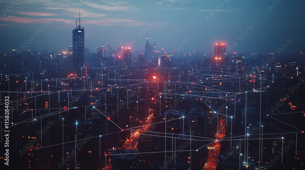 Fototapeta premium Smart Innovation city with connection cyber security network reciprocity over the night cityscape future wireless digital city and social media networking systems that connects people in the city