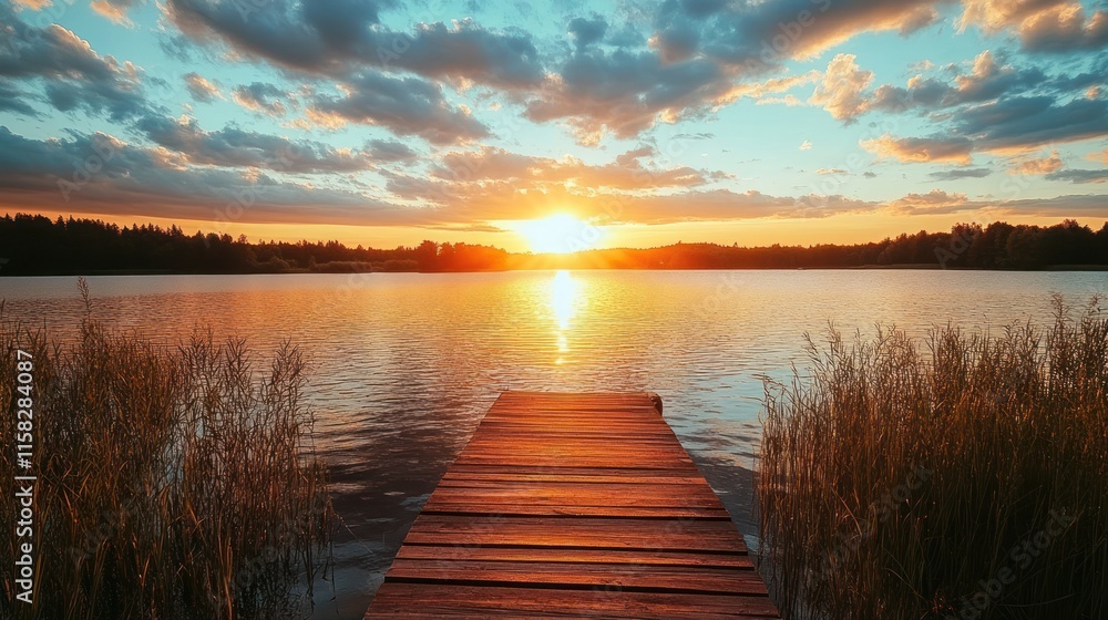Fototapeta premium Tranquil Sunset over Serene Lake: Wooden Dock at Golden Hour