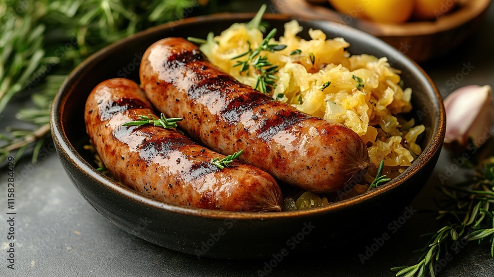 Grilled sausages served with sauteed cabbage in a dark bowl. Grilled sausages served with sauteed cabbage in a dark bowl.