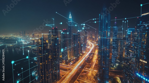 Wallpaper Mural Smart Innovation city with connection cyber security network reciprocity over the night cityscape future wireless digital city and social media networking systems that connects people in the city Torontodigital.ca