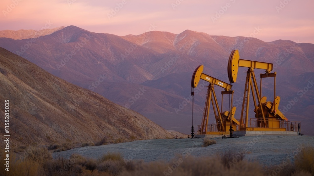 Naklejka premium Golden Oil Pump Jacks Against Majestic Mountain Landscape at Sunset