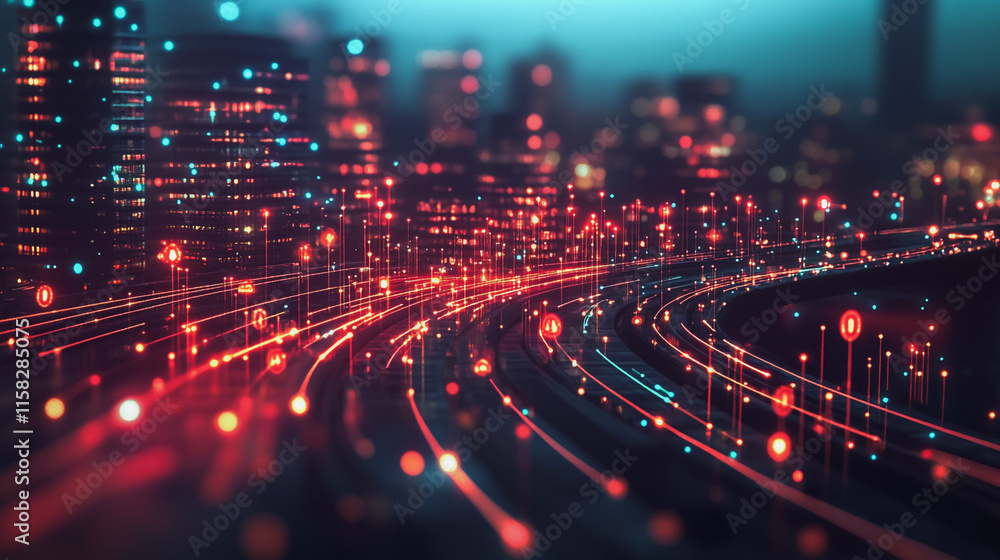 Fototapeta premium Smart Innovation city with connection cyber security network reciprocity over the night cityscape future wireless digital city and social media networking systems that connects people in the city