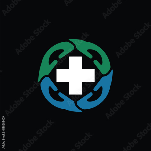 Hospital care logo with cross and hands symbol
