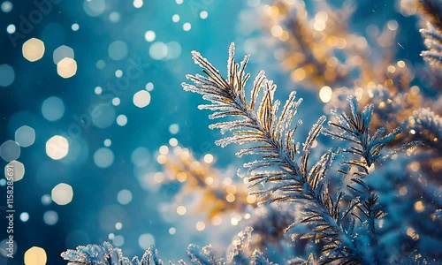 Christmas spruce branches covered in snow, closeup, Christmas background photo