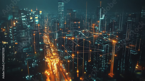 Wallpaper Mural Smart Innovation city with connection cyber security network reciprocity over the night cityscape future wireless digital city and social media networking systems that connects people in the city Torontodigital.ca